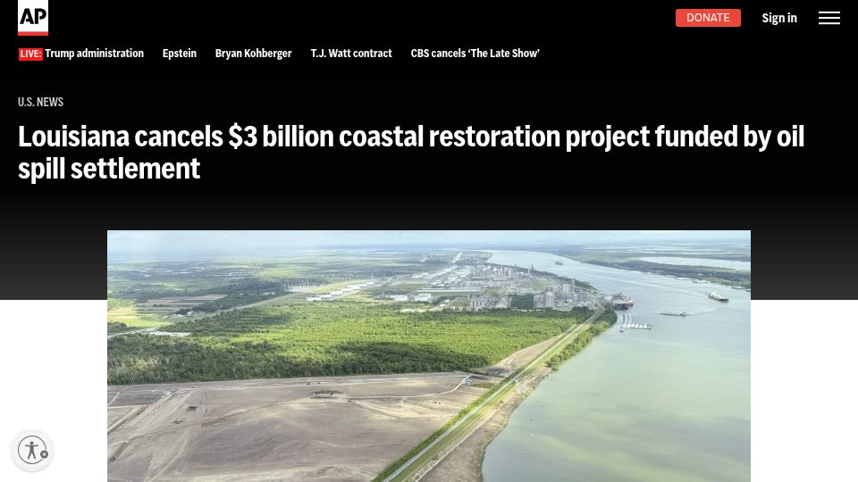 Screenshot of apnews.com: Louisiana cancels $3B coastal repair funded by oil spill settlement