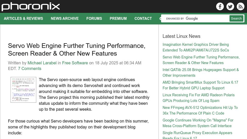Screenshot of phoronix.com: Servo Web Engine Further Tuning Performance