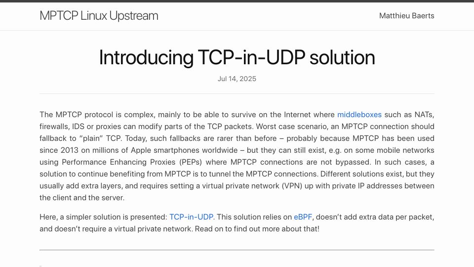 Screenshot of blog.mptcp.dev: TCP-in-UDP Solution (eBPF)
