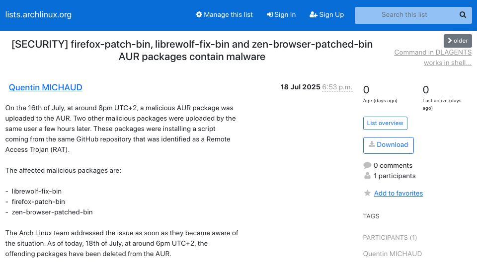Screenshot of lists.archlinux.org: Firefox-patch-bin, librewolf-fix-bin AUR packages contain malware