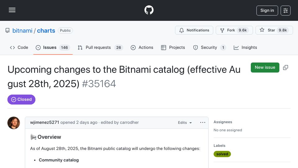 Screenshot of github.com: Broadcom to discontinue free Bitnami Helm charts