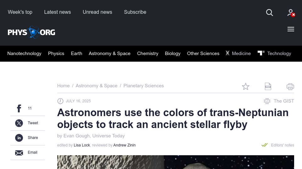Screenshot of phys.org: Astronomers use colors of trans-Neptunian objects to track ancient stellar flyby