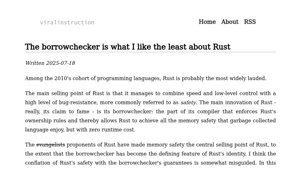 Screenshot of viralinstruction.com: The borrowchecker is what I like the least about Rust