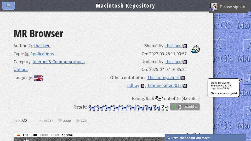 Screenshot of macintoshrepository.org: Mr Browser – Macintosh Repository file downloader that runs directly on 68k Macs