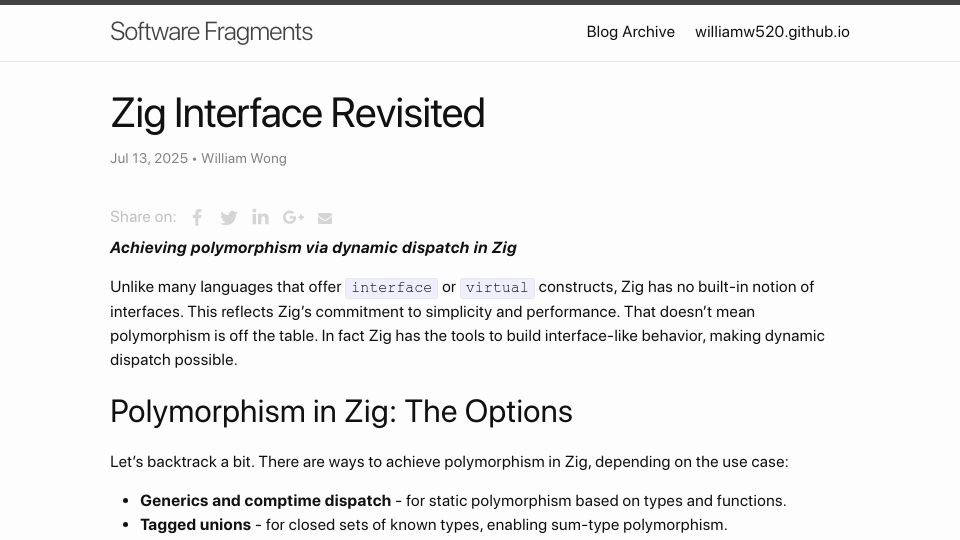 Screenshot of williamw520.github.io: Zig Interface Revisited