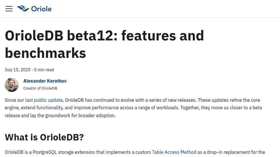 Screenshot of orioledb.com: Show HN: OrioleDB Beta12 Features and Benchmarks