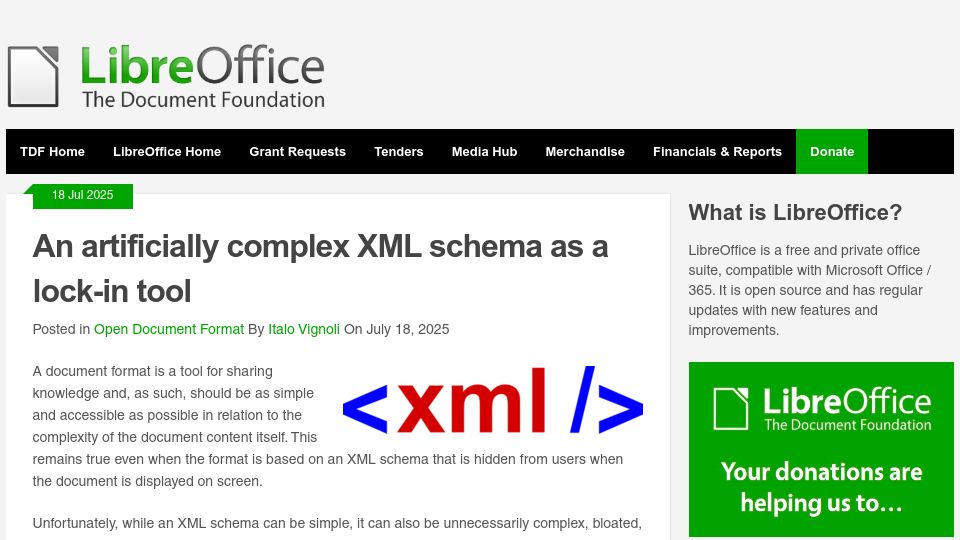 Screenshot of blog.documentfoundation.org: Microsoft Office is using an artificially complex XML schema as a lock-in tool