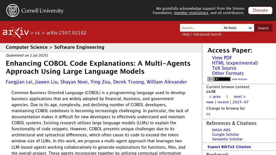 Screenshot of arxiv.org: Enhancing COBOL Code Explanations: A Multi-Agents Approach Using LLMs