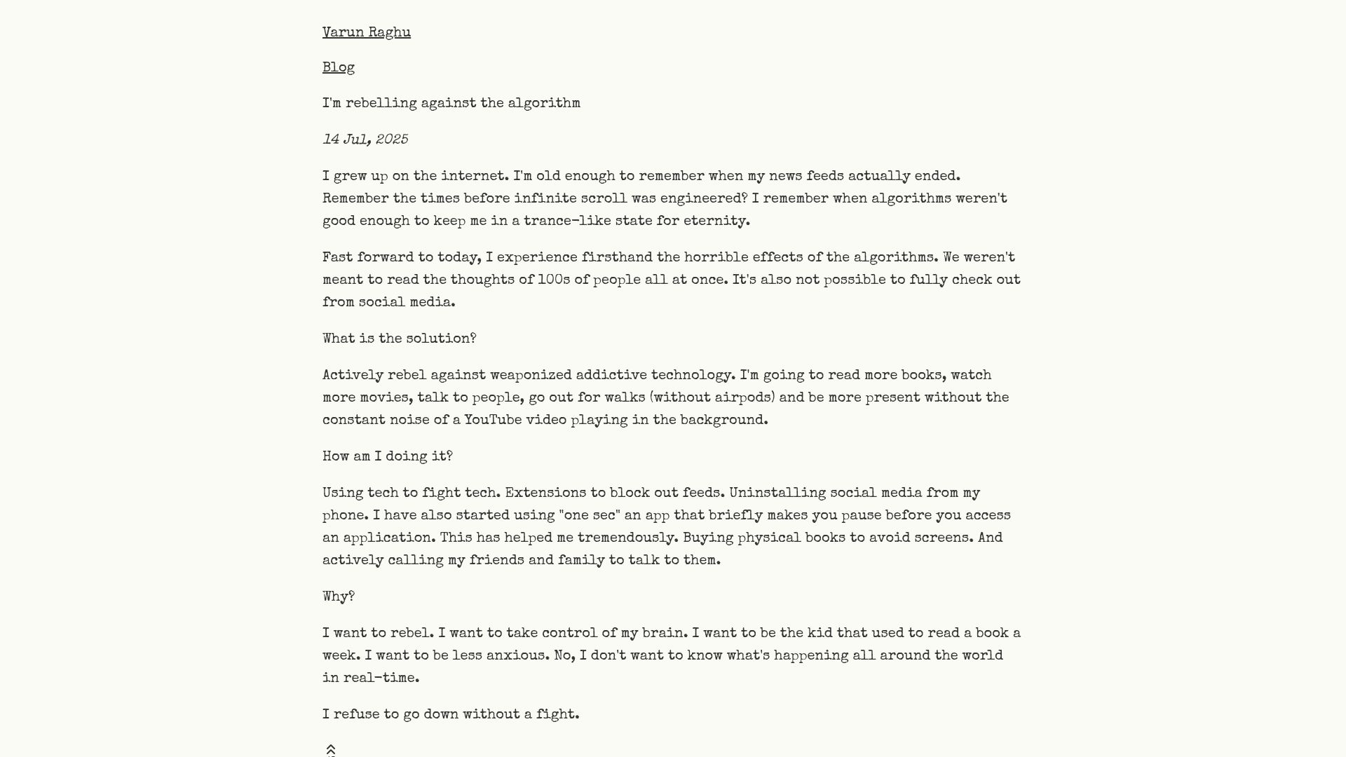 Screenshot of varunraghu.com: I'm Rebelling Against the Algorithm