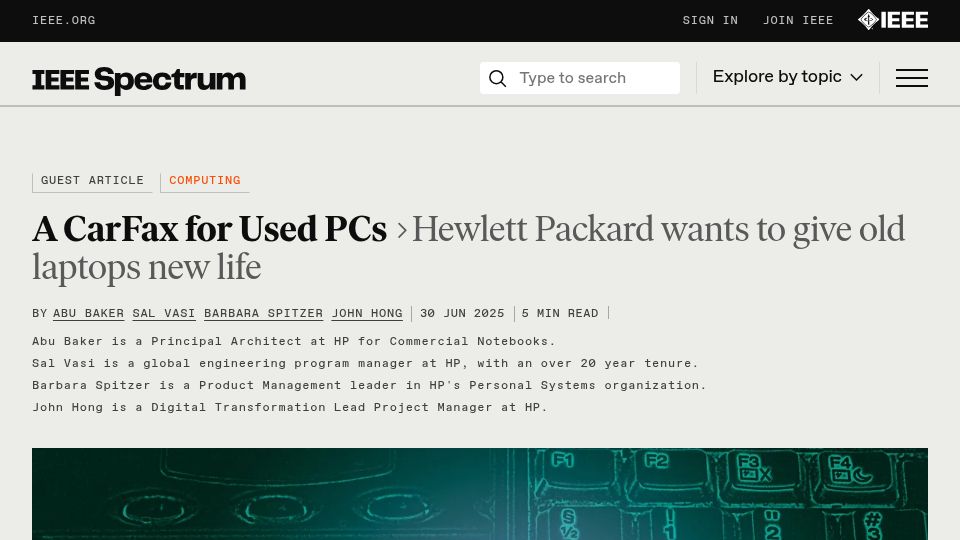 Screenshot of spectrum.ieee.org: A CarFax for Used PCs: Hewlett Packard wants to give old laptops new life