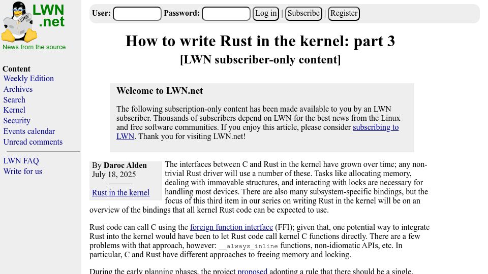 Screenshot of lwn.net: How to write Rust in the Linux kernel: part 3