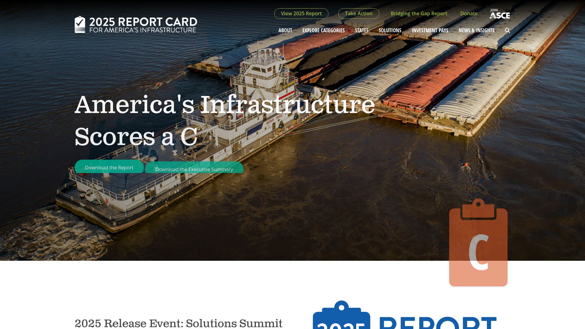 Screenshot of infrastructurereportcard.org: 2025 Infrastructure Report Card