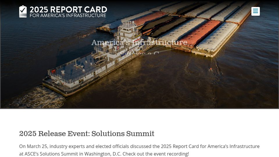 Screenshot of infrastructurereportcard.org: 2025 Infrastructure Report Card