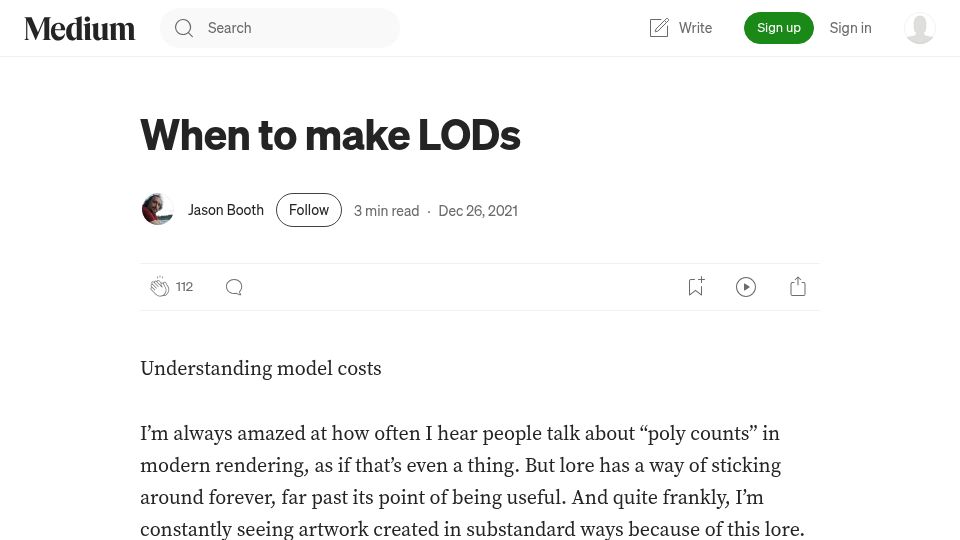 Screenshot of medium.com: When to make LODs (2021)