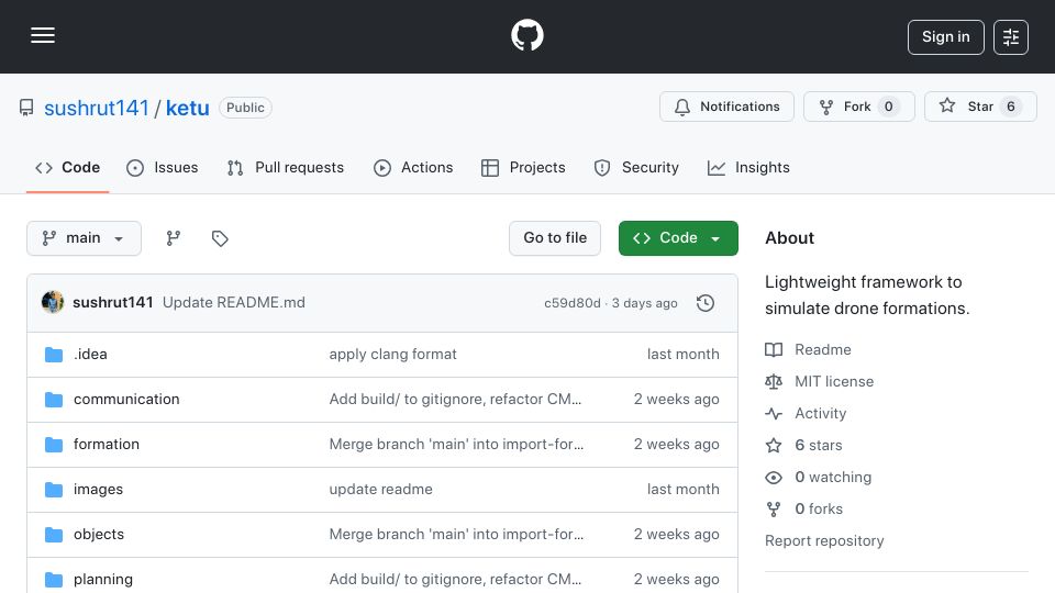 Screenshot of github.com: Show HN: Simulating autonomous drone formations