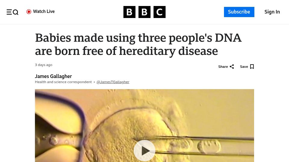 Screenshot of bbc.com: Babies made using three people's DNA are born free of mitochondrial disease