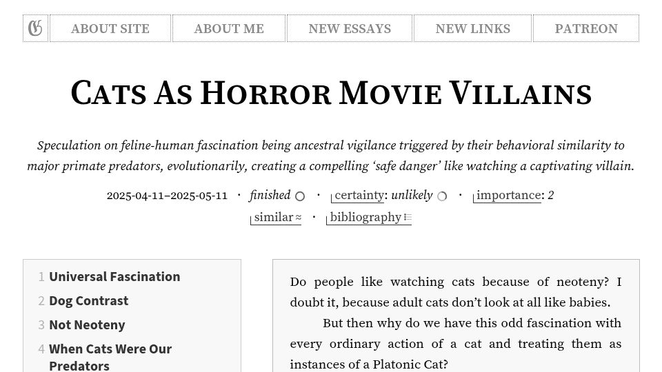 Screenshot of gwern.net: Cats as Horror Movie Villains