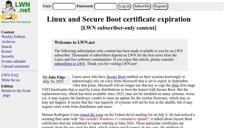 Screenshot of lwn.net: Linux and Secure Boot certificate expiration