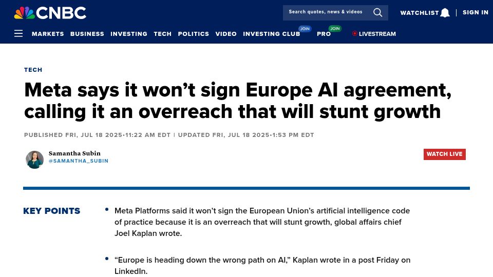 Screenshot of cnbc.com: Meta says it won't sign Europe AI agreement