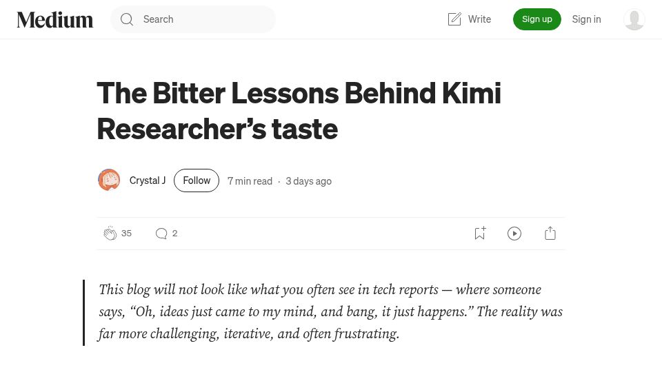 Screenshot of medium.com: The Bitter Lessons Behind Kimi Researcher's Taste