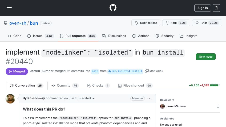 Screenshot of github.com: Bun adds pnpm-style isolated installation mode