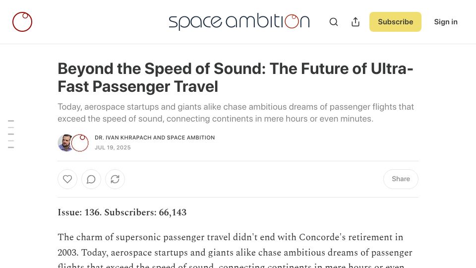 Screenshot of spaceambition.substack.com: The future of ultra-fast passenger travel