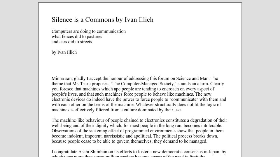 Screenshot of davidtinapple.com: Silence Is a Commons by Ivan Illich (1983)
