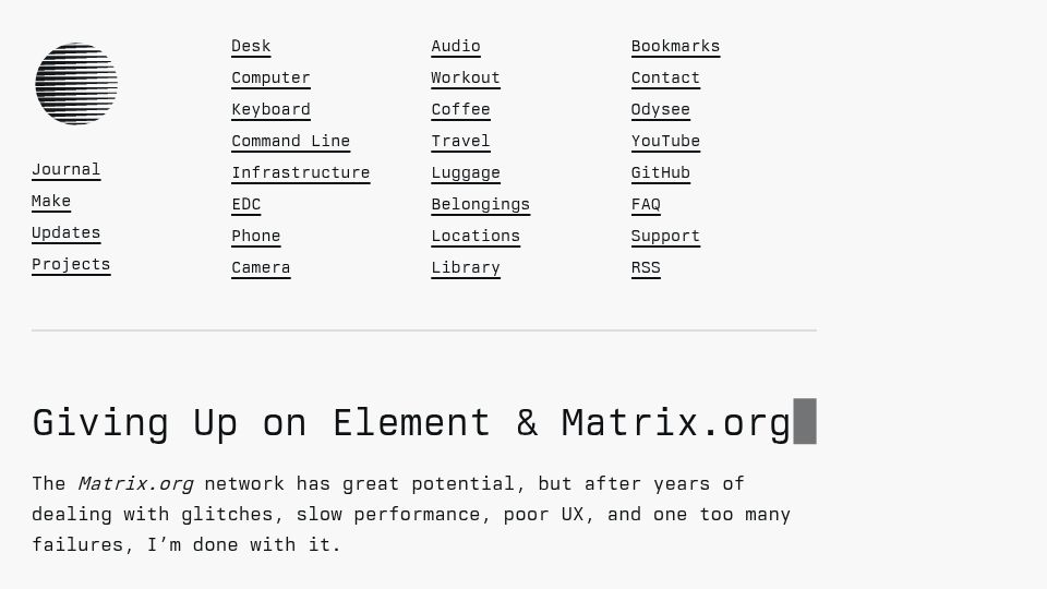 Screenshot of xn--gckvb8fzb.com: Giving Up on Element and Matrix.org
