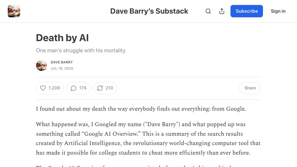 Screenshot of davebarry.substack.com: Death by AI