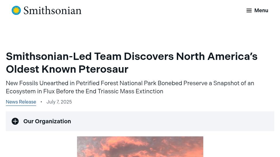 Screenshot of si.edu: North America's Oldest Known Pterosaur
