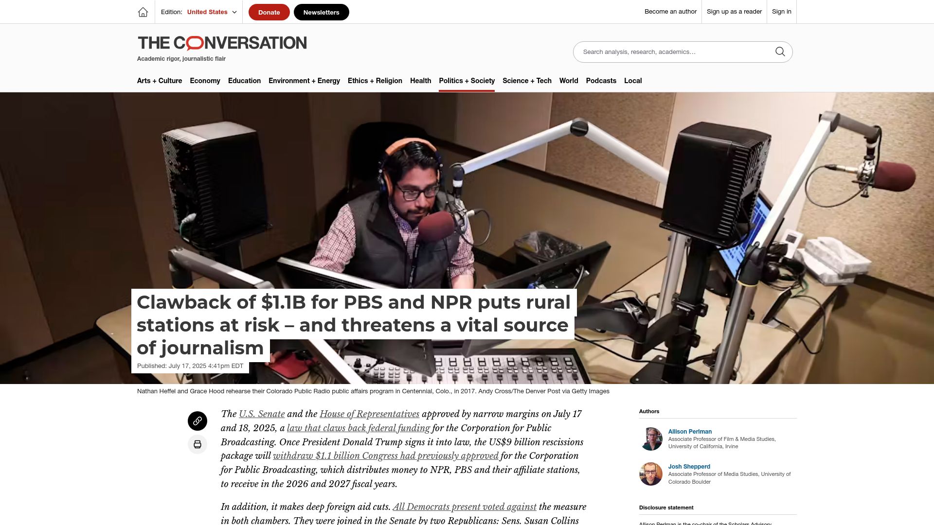Screenshot of theconversation.com: Clawback of $1.1B for PBS and NPR puts rural stations at risk