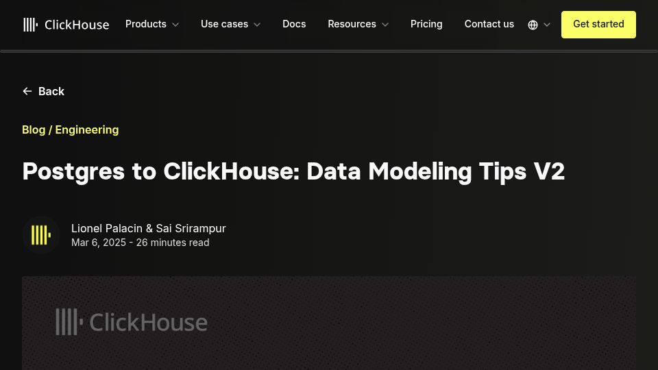 Screenshot of clickhouse.com: Postgres to ClickHouse: Data Modeling Tips