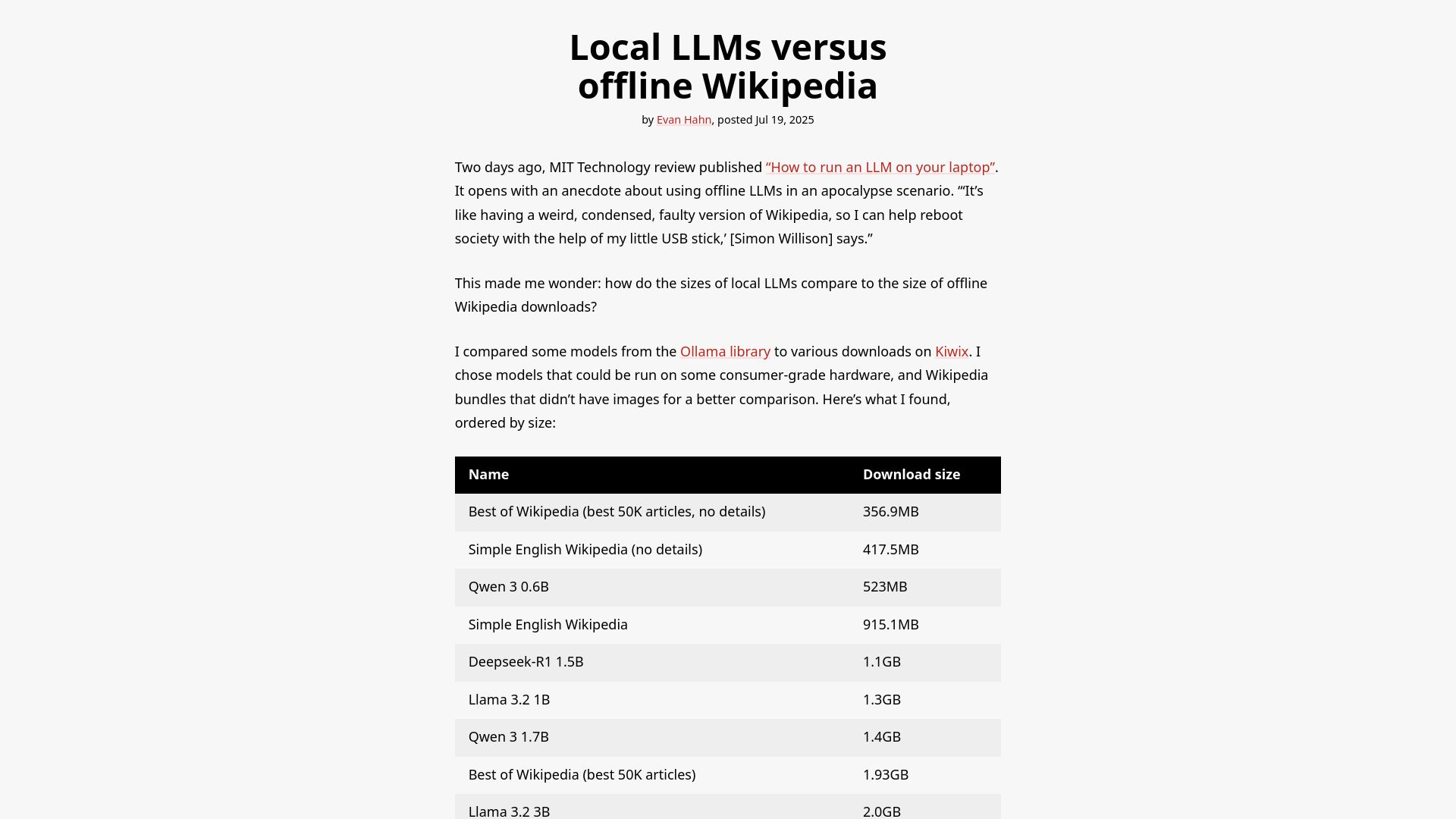 Screenshot of evanhahn.com: Local LLMs versus offline Wikipedia