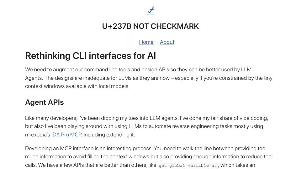 Screenshot of notcheckmark.com: Rethinking CLI interfaces for AI
