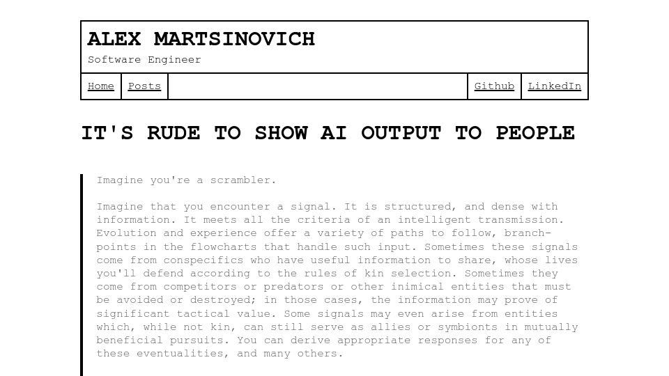 Screenshot of distantprovince.by: It's rude to show AI output to people