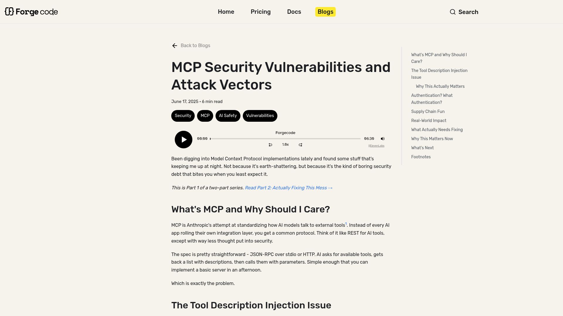 Screenshot of forgecode.dev: MCP Security Vulnerabilities and Attack Vectors