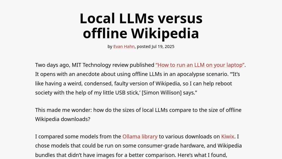Screenshot of evanhahn.com: Local LLMs versus offline Wikipedia