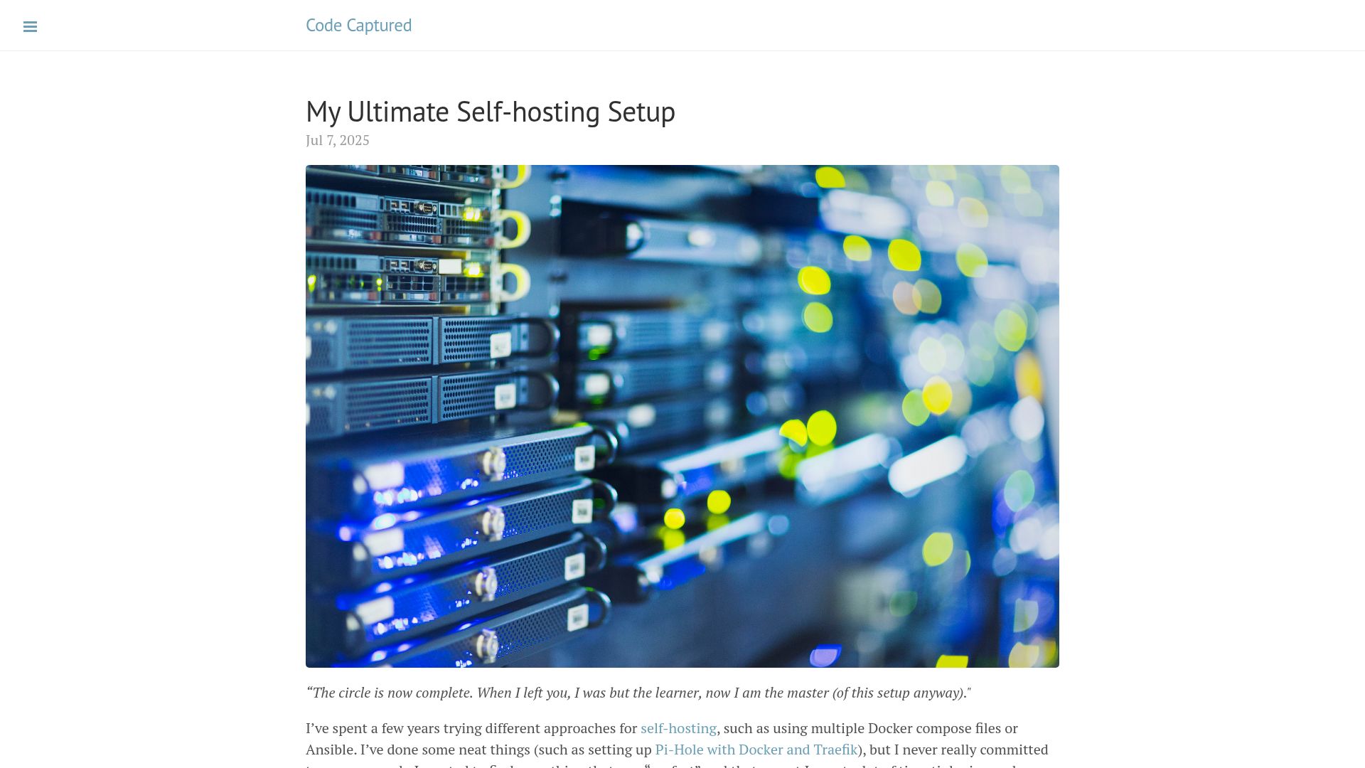 Screenshot of codecaptured.com: My Self-Hosting Setup