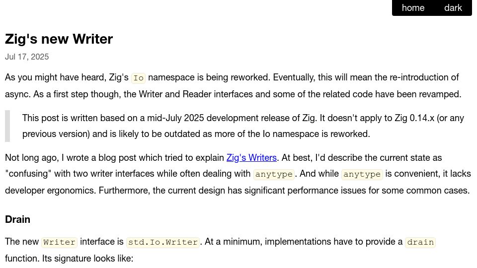 Screenshot of openmymind.net: Zig's New Writer