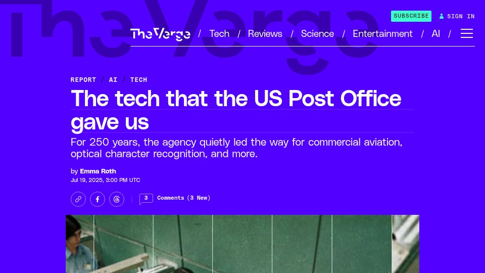 Screenshot of theverge.com: The tech that the US Post Office gave us