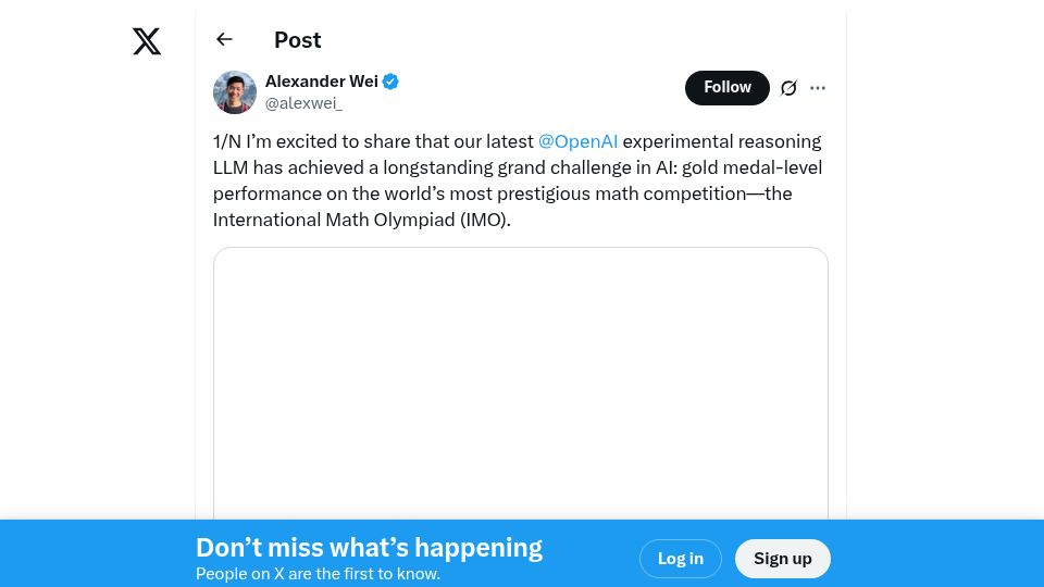 Screenshot of twitter.com: OpenAI claims gold-medal performance at IMO 2025