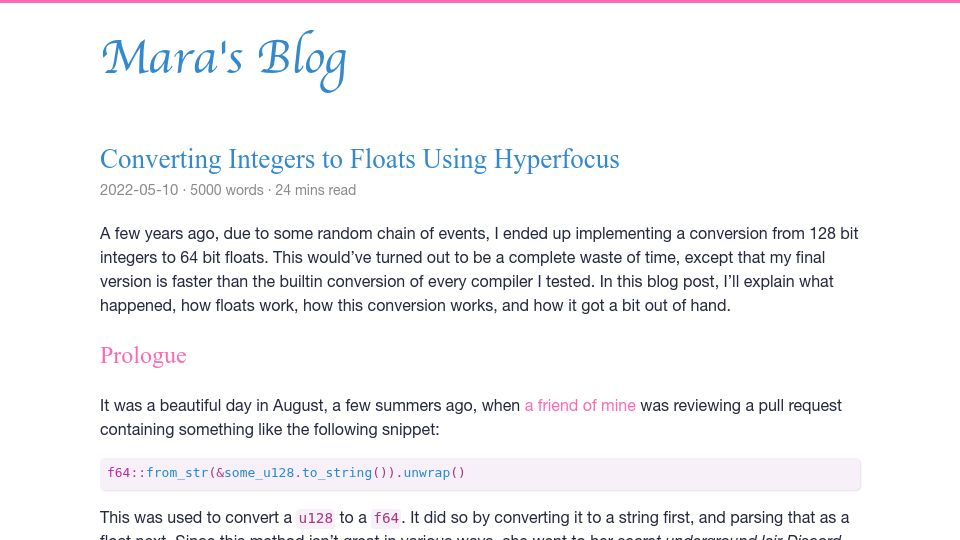 Screenshot of blog.m-ou.se: Converting Integers to Floats Using Hyperfocus (2022)