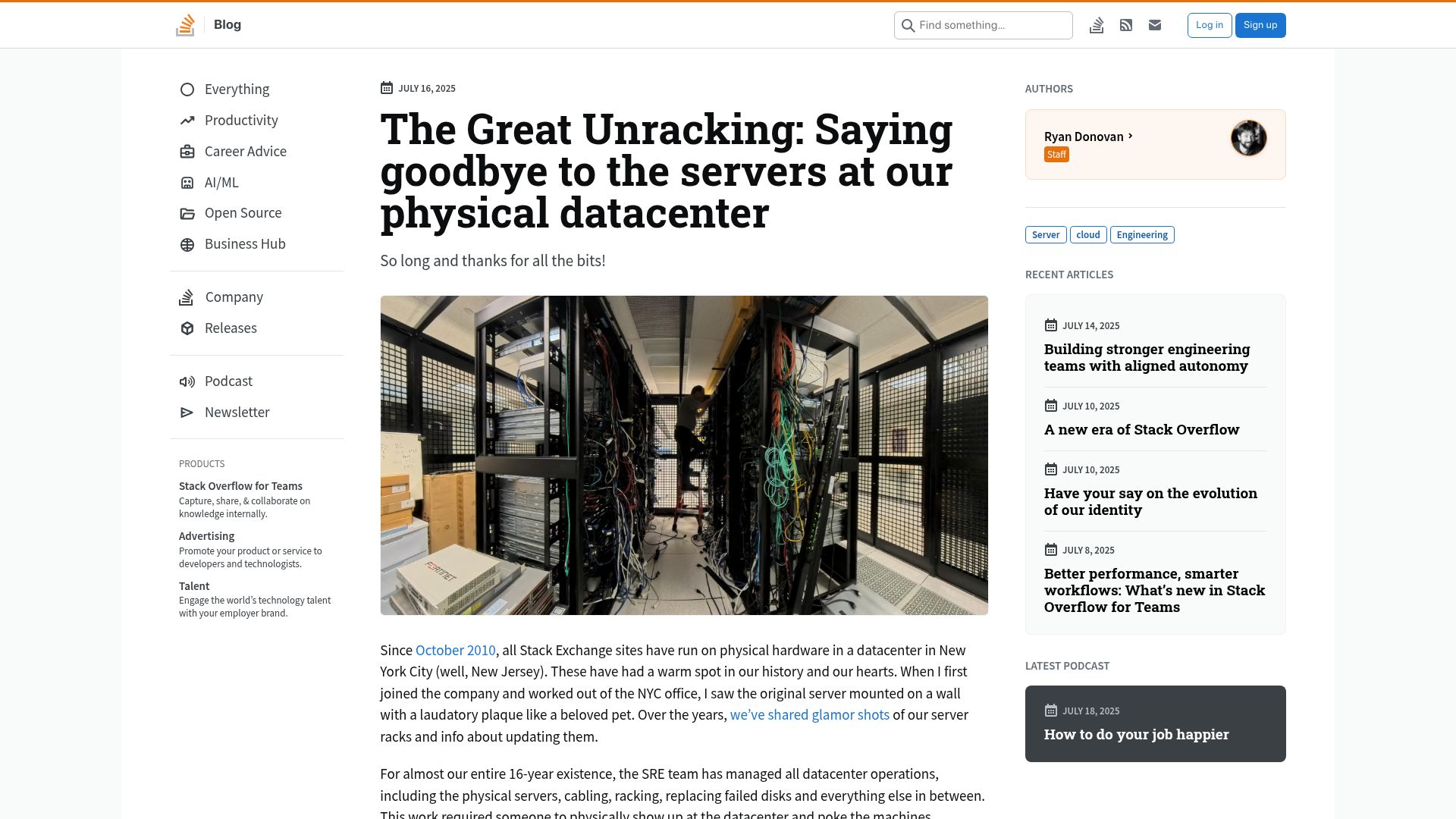 Screenshot of stackoverflow.blog: The Great Unracking: Saying goodbye to the servers at our physical datacenter