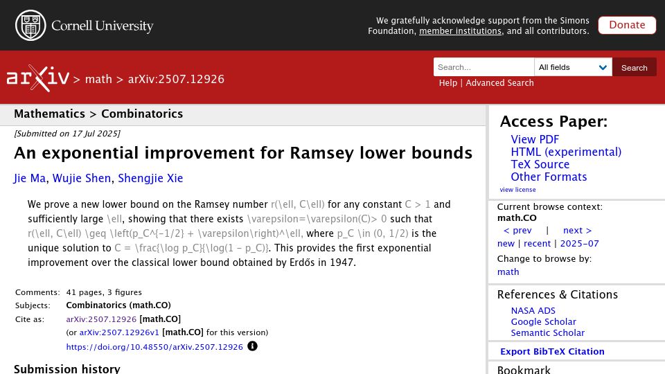 Screenshot of arxiv.org: An exponential improvement for Ramsey lower bounds