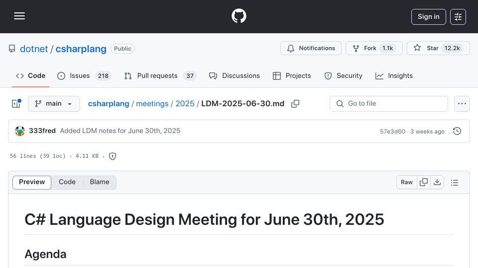 Screenshot of github.com: C# Language Design Meeting for June 30th, 2025