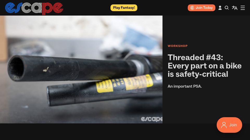 Screenshot of escapecollective.com: Every part on a bicycle is safety critical