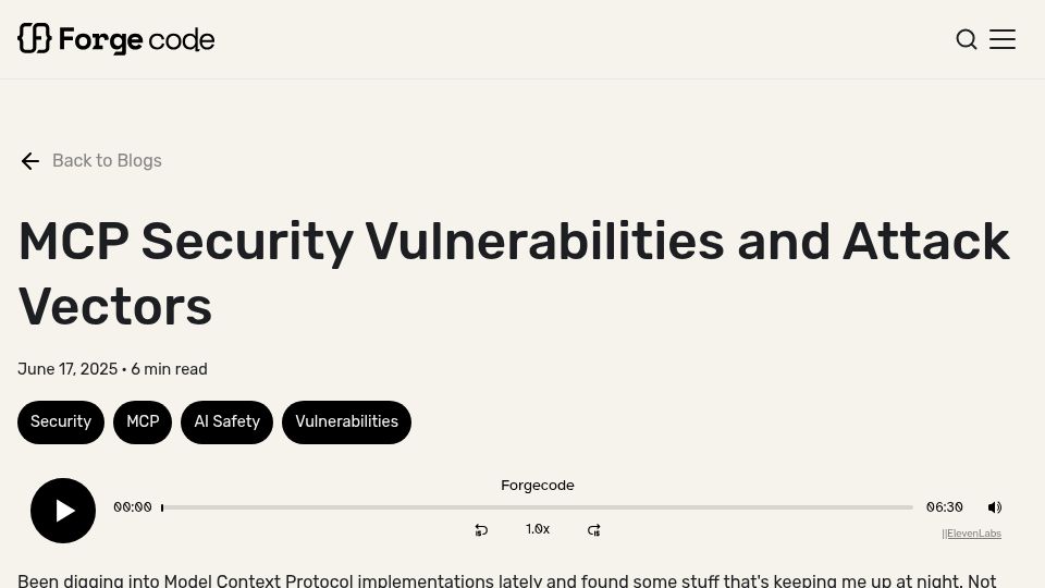 Screenshot of forgecode.dev: MCP Security Vulnerabilities and Attack Vectors