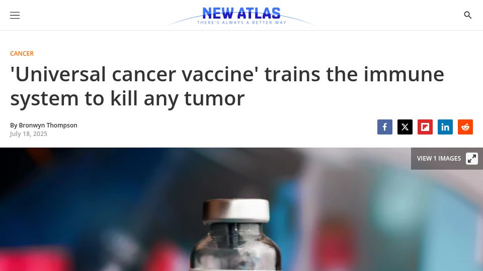 Screenshot of newatlas.com: 'Universal cancer vaccine' trains the immune system to kill any tumor