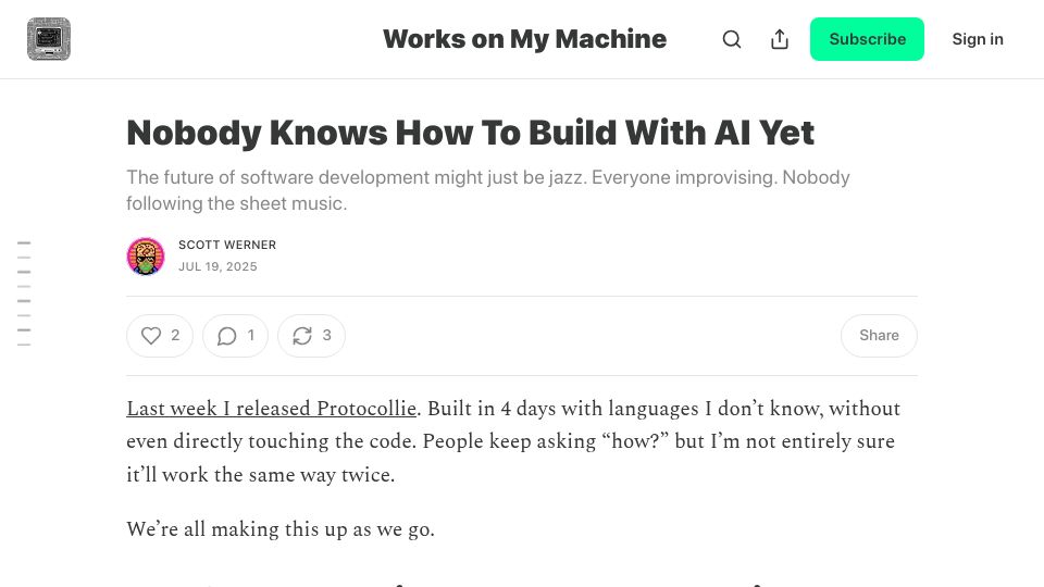 Screenshot of worksonmymachine.substack.com: Nobody knows how to build with AI yet
