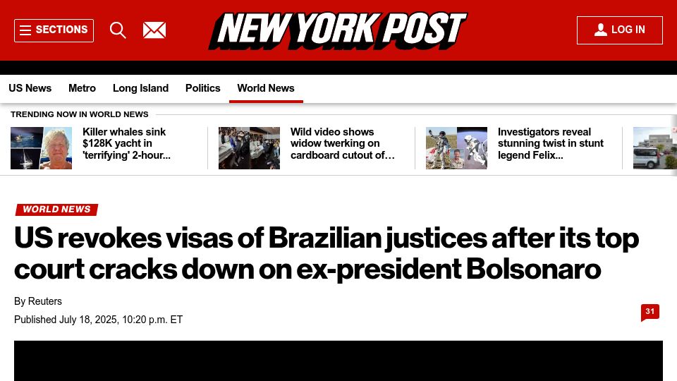 Screenshot of nypost.com: US revokes visas of Brazilian judges after crack down on ex-president Bolsonaro
